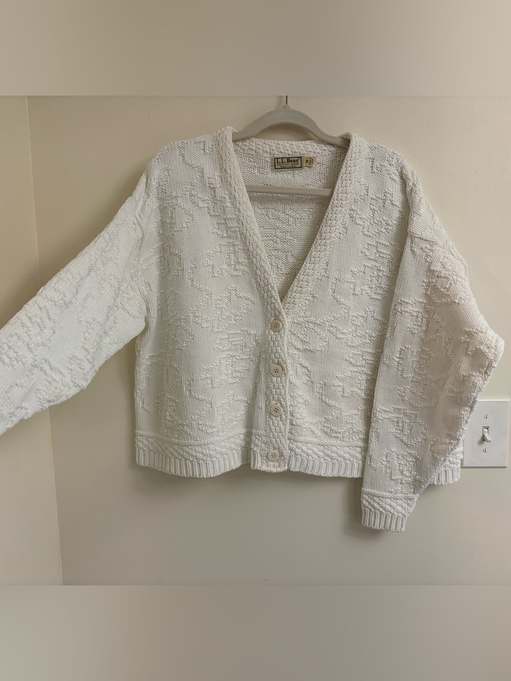 Vintage LL Bean Cardigan M ivory Freeport tag 100% Cotton Made USA heritage knit - Picture 6 of 13